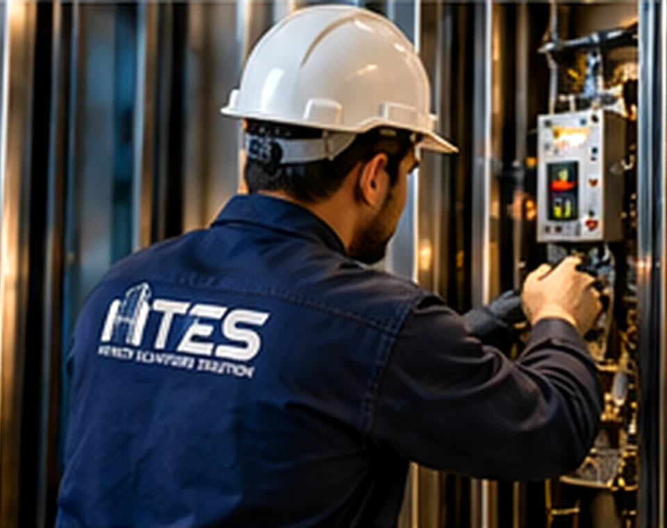 HTES technician in a safety helmet inspecting an elevator control panel