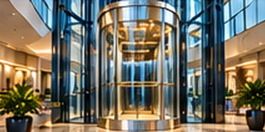 Glass capsule lift inside a modern atrium