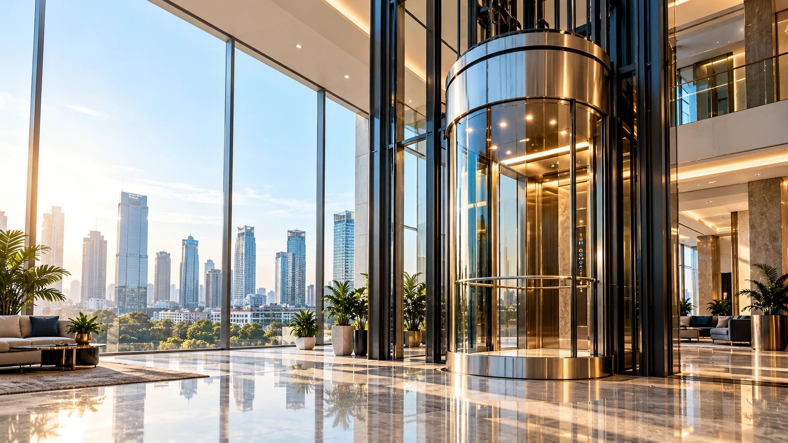 Glass capsule elevator in a bright, modern building lobby