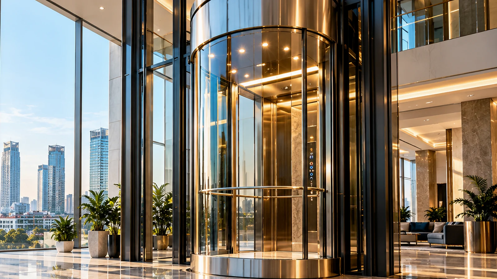 Stainless steel passenger lift doors in a commercial lobby
