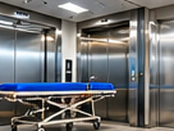 Hospital lift with a stretcher at the entrance