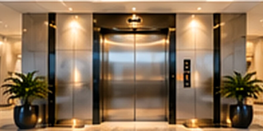 Stainless steel passenger lift doors in an office lobby