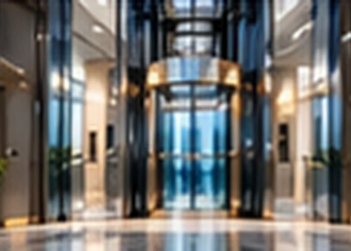 Hotel lobby with a glass elevator